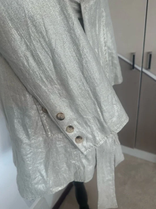 Linen Cotton Blend Metallic Trench Coat Chic Classic Statement Blazer Coat - Picture 5 of 14